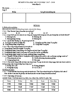 Đề kiểm tra học kỳ I môn Địa lý Lớp 9 - Năm học 2017-2018